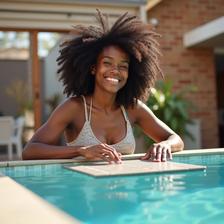Mulher negra escolhendo o tipo de piscina ideal em loja de construção