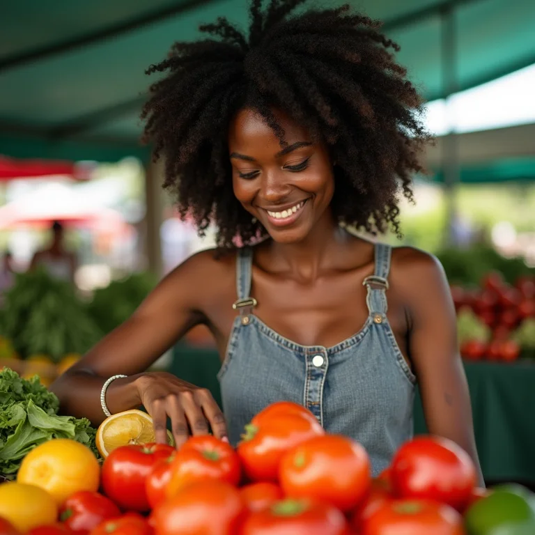Mulher negra escolhendo produtos frescos na feira