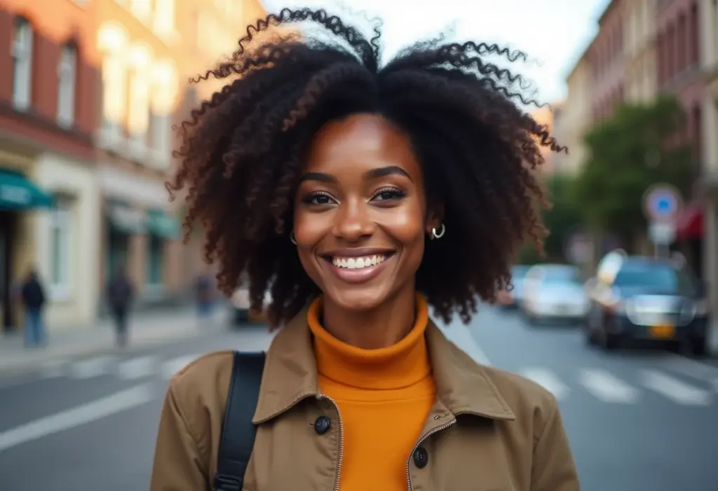 Mulher negra estilosa sorrindo na rua