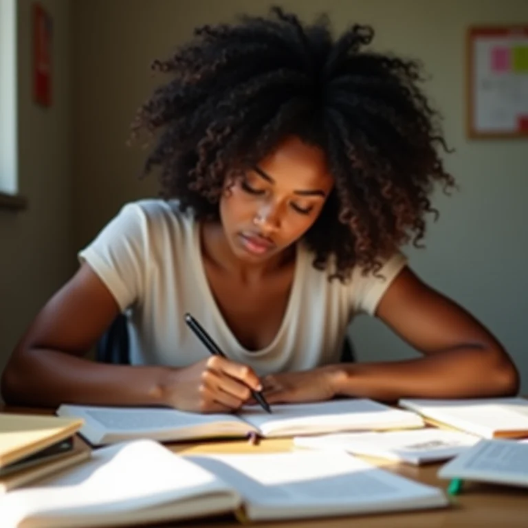 Mulher negra estudando para o ENEM.