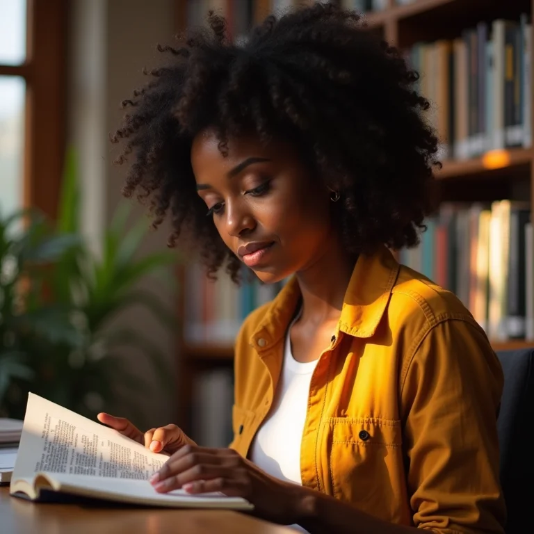 Mulher negra estudando teorias em uma biblioteca