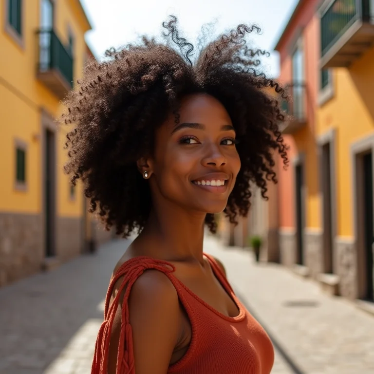 Mulher negra explorando o centro histórico de Aquiraz