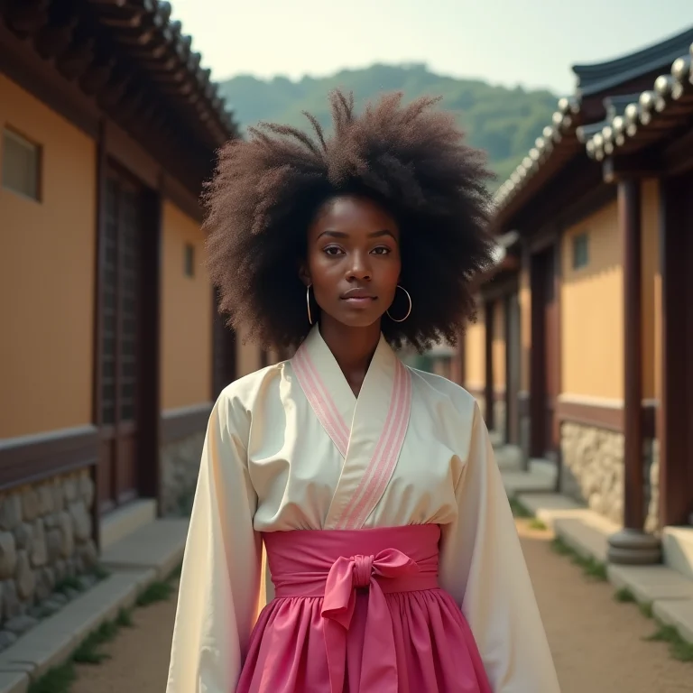 Mulher negra explorando uma vila tradicional coreana.