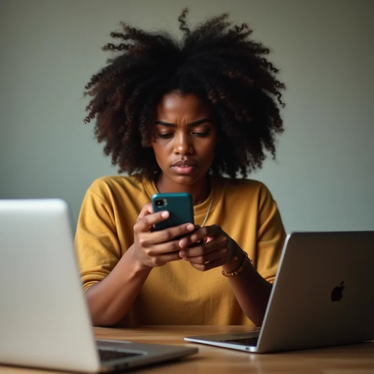 Mulher negra frustrada com celular e dispositivos
