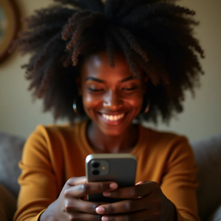 Mulher negra jogando no celular com foco e satisfação