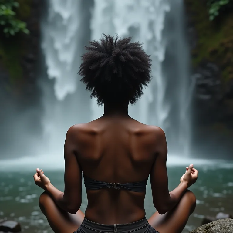 Mulher negra meditando perto de uma cachoeira