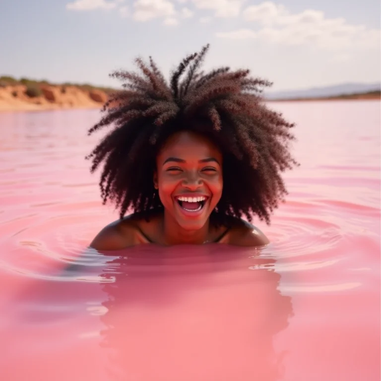 Mulher negra nadando no Lago Rosa de Torrevieja, Espanha