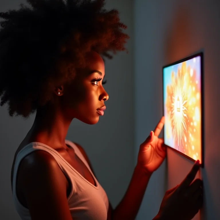 Mulher negra olhando para arte digital, representando NFTs.