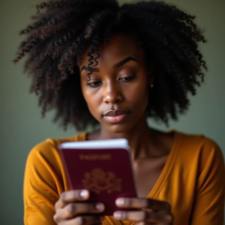 Mulher negra olhando passaporte com expressão pensativa