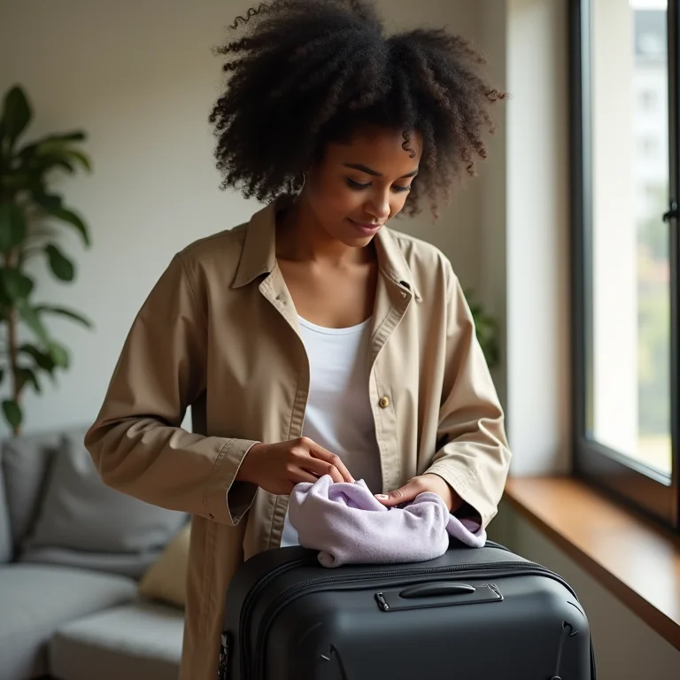 Mulher negra organizando roupas em mala de mão