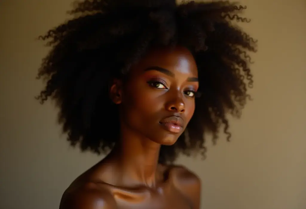Maquiagem para foto de documento: truques para um visual impecável Mulher negra radiante aplicando maquiagem leve para documento