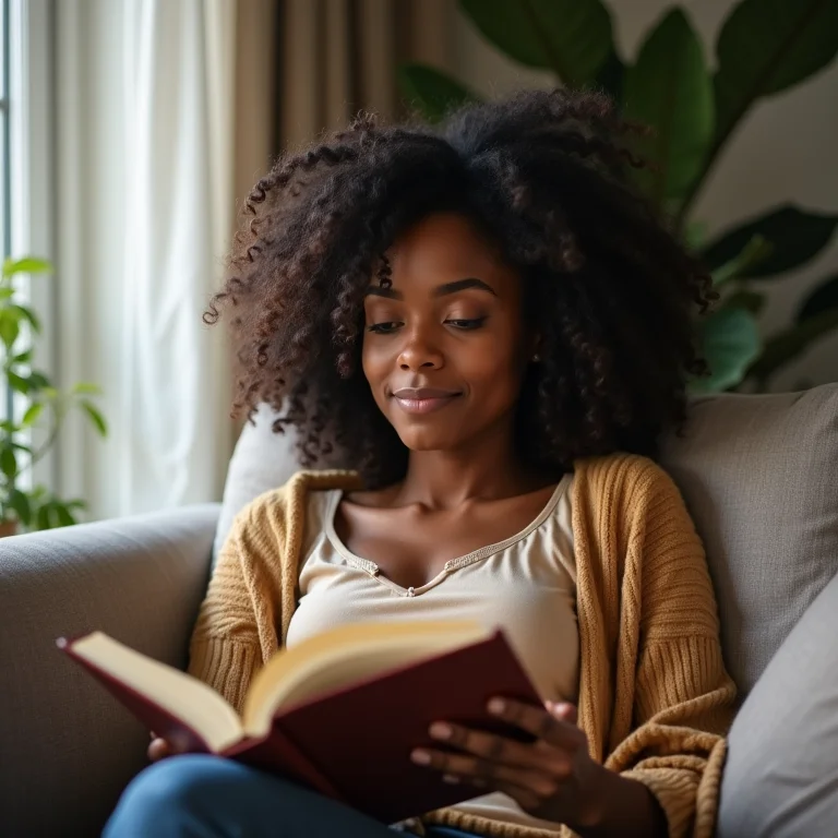 Mulher negra relaxando em casa, representando o período de espera após a implantação de ovócitos