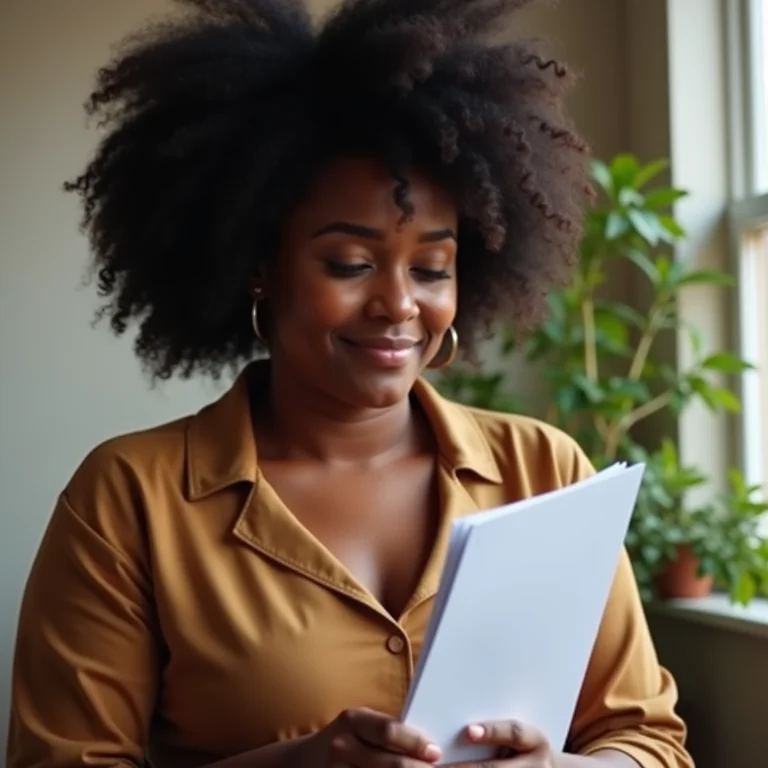 Mulher negra sorrindo analisando documentos