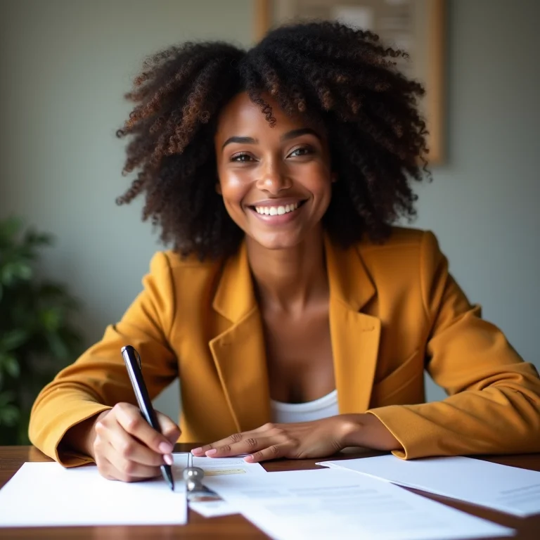 Mulher negra sorrindo ao ler sobre Ação de Exoneração de Alimentos