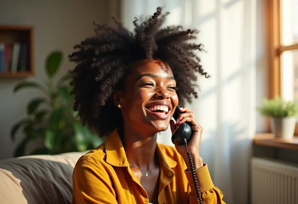 Chamada a cobrar para o Brasil: O guia definitivo (e mais barato) Mulher negra sorrindo ao usar um telefone antigo para fazer uma chamada a cobrar.