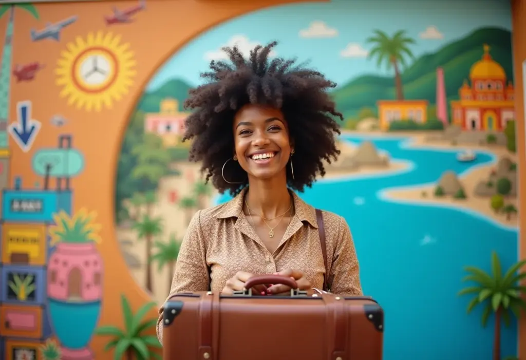 Mulher negra sorrindo com mala vintage em frente a mural de viagem
