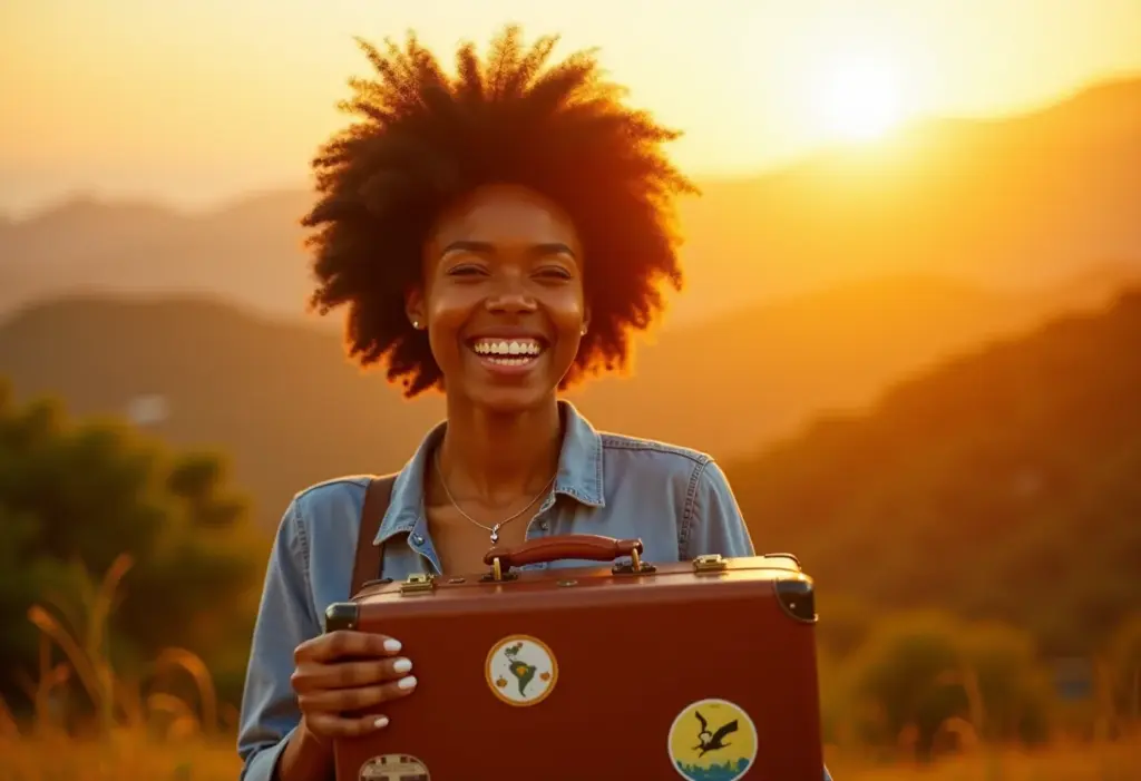 Viagens no Brasil: 7 destinos incríveis e baratos para jovens Mulher negra sorrindo com mala vintage em paisagem brasileira