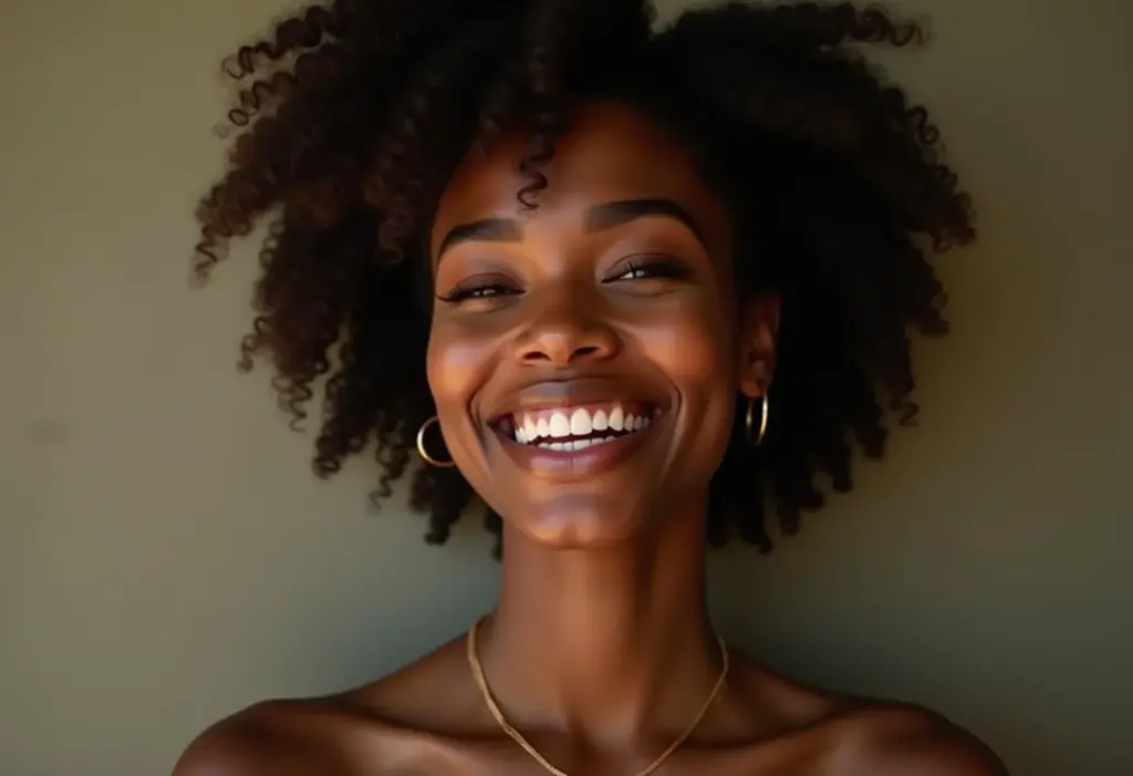 Mulher negra sorrindo com penteado elegante para festa