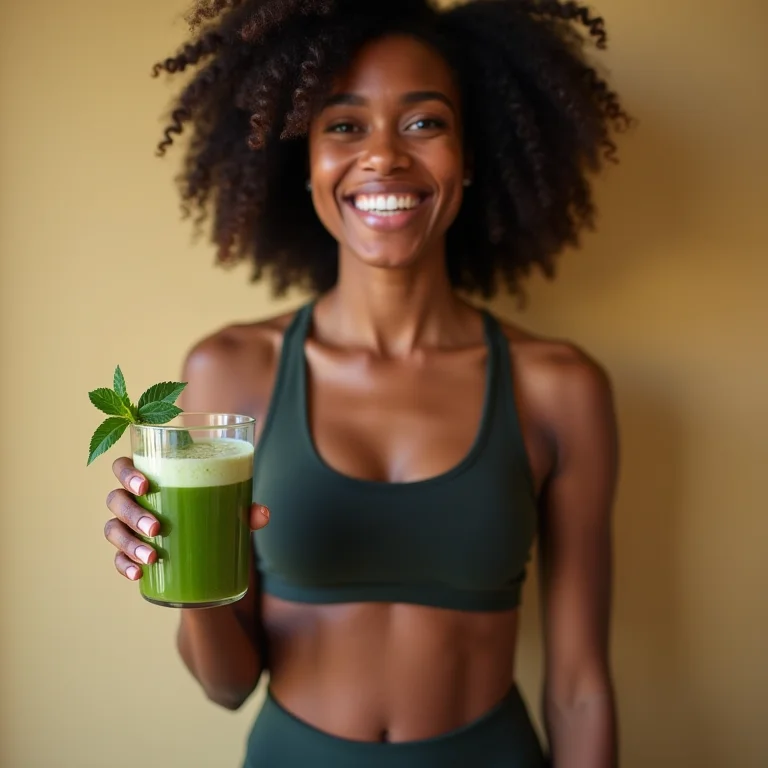 Mulher negra sorrindo com smoothie verde, representando a otimização do estilo de vida para a implantação de ovócitos