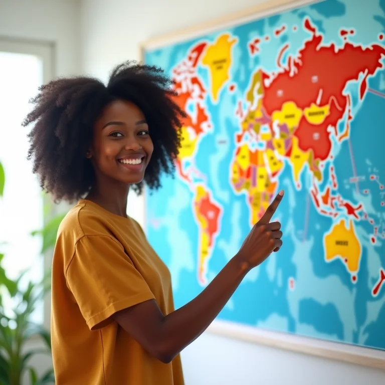 Mulher negra sorrindo e apontando para mapa mundi