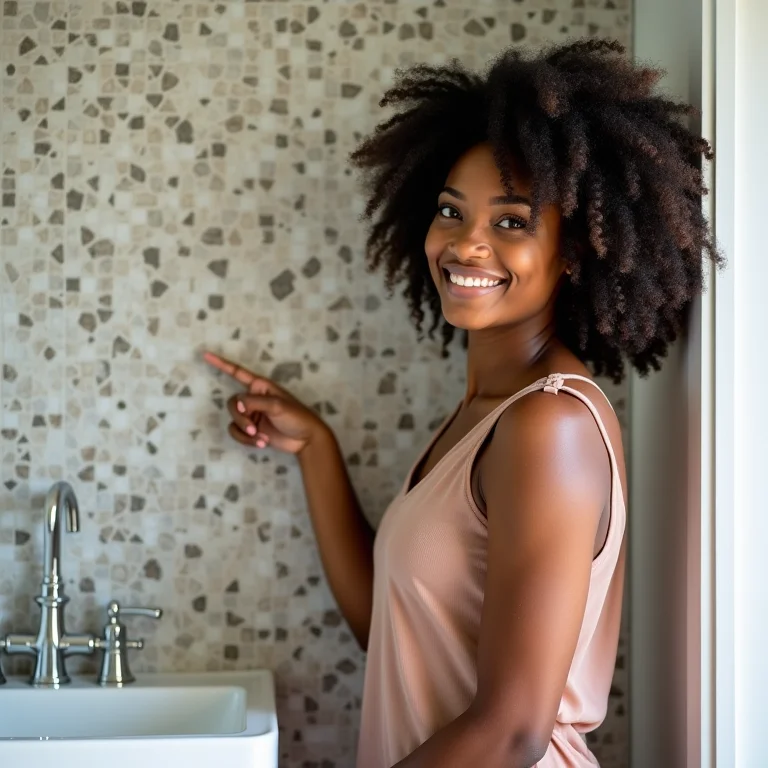 Mulher negra sorrindo e apontando para pastilhas bem instaladas no banheiro.