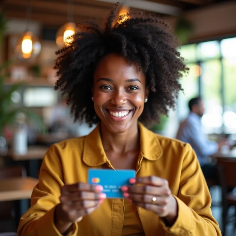 Mulher negra sorrindo e segurando um cartão de débito em um café