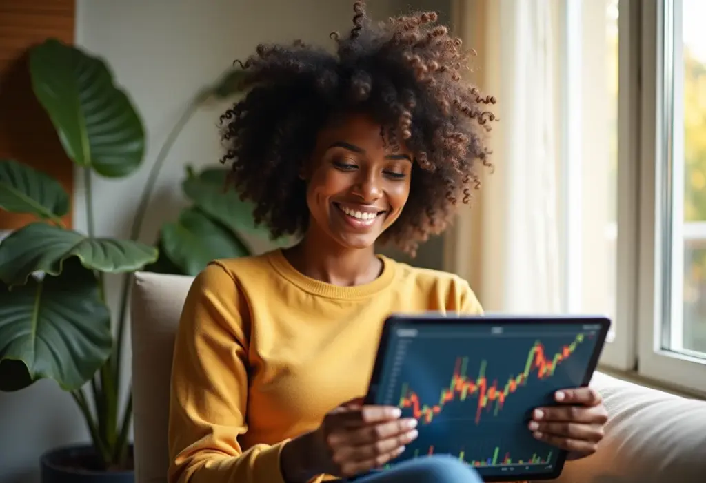 Mulher negra sorrindo em apartamento ensolarado analisando investimentos.