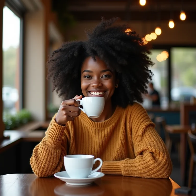 Mulher negra sorrindo em café de Petrópolis