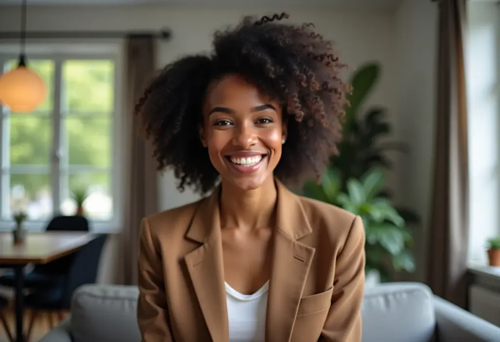 Moda para entrevista online: o que vestir (e o que evitar) Mulher negra sorrindo em entrevista online