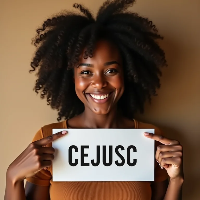 Mulher negra sorrindo em frente ao CEJUSC