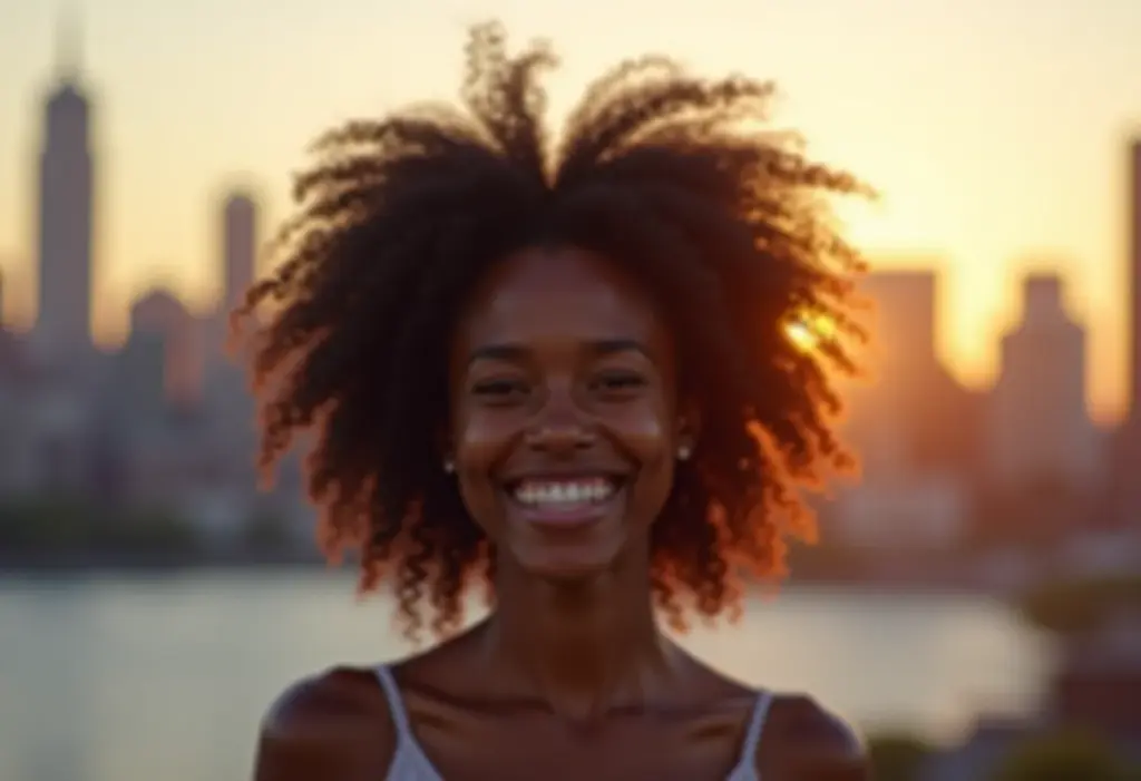 Mulher negra sorrindo em frente ao horizonte de Boston ao pôr do sol