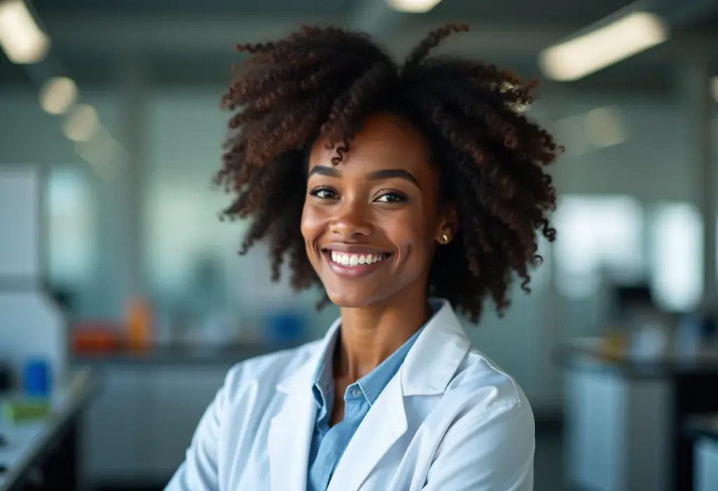 Faculdade de Ciências Biológicas: O guia definitivo para sua carreira Mulher negra sorrindo em laboratório de biologia