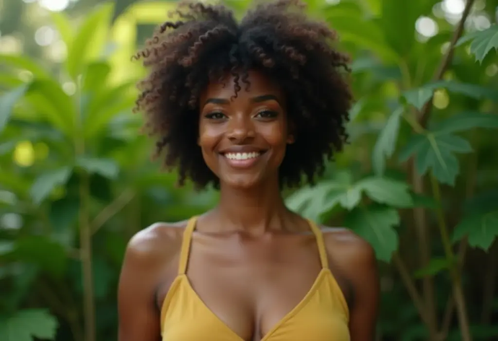 Mulher negra sorrindo em meio a natureza, vestindo roupas sustentáveis