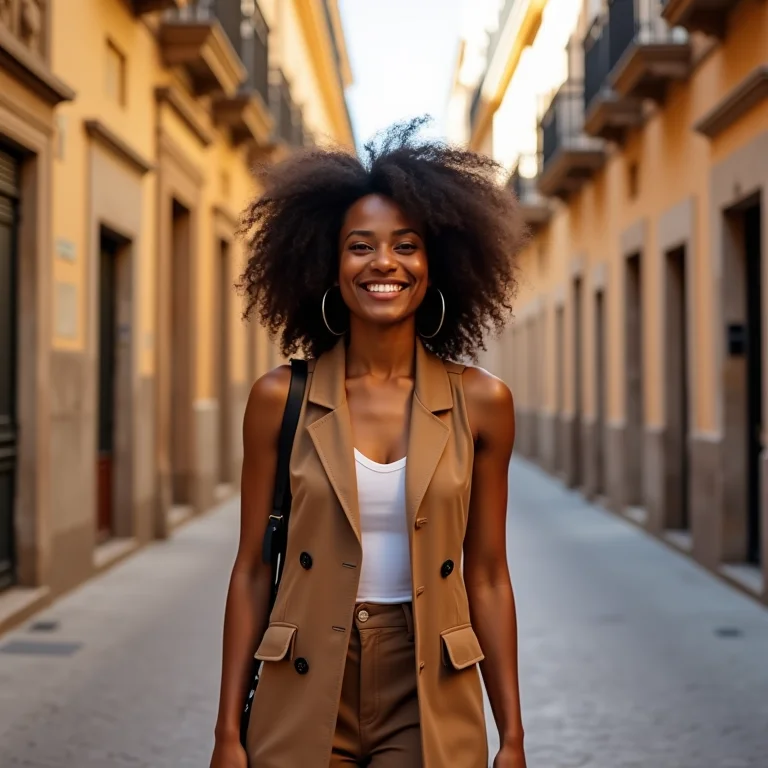 Mulher negra sorrindo em rua histórica e menos lotada de Sevilha.