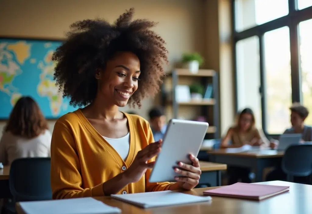 Educação 5.0: Entenda o que é e como aplicar JÁ! Mulher negra sorrindo em sala de aula moderna, usando tablet.