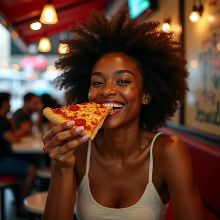 Mulher negra sorrindo enquanto come pizza em Nova York.
