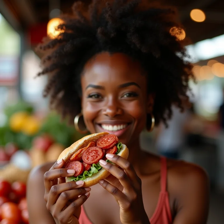 Mulher negra sorrindo enquanto come sanduíche de mortadela.