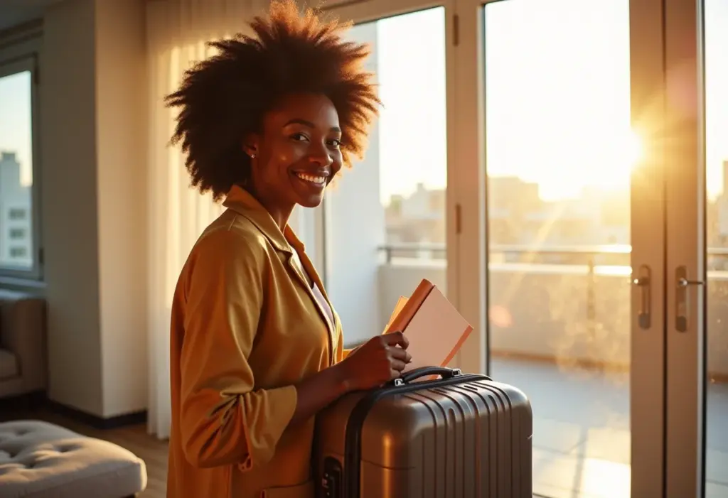 GRU Passaporte 2013: Descubra o valor e evite surpresas! Mulher negra sorrindo enquanto organiza documentos de viagem para o passaporte.