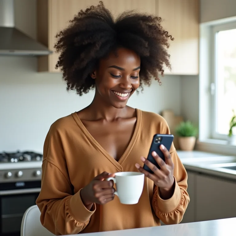 Mulher negra sorrindo enquanto usa app de planejamento de viagem no celular.