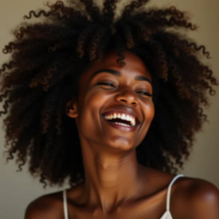 Mulher negra sorrindo espontaneamente com cabelo cacheado natural