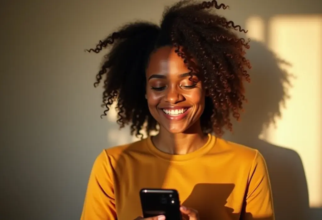 Grave vídeos incríveis com o celular: Guia prático e rápido Mulher negra sorrindo gravando vídeo com celular