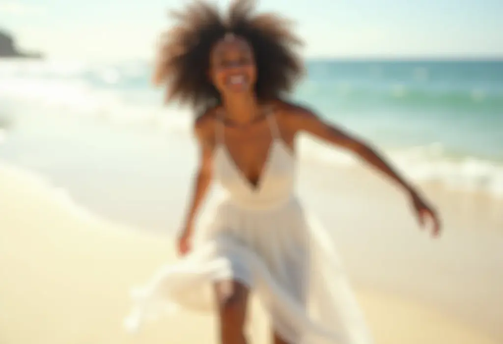 Mulher negra sorrindo na praia com vestido branco para casamento