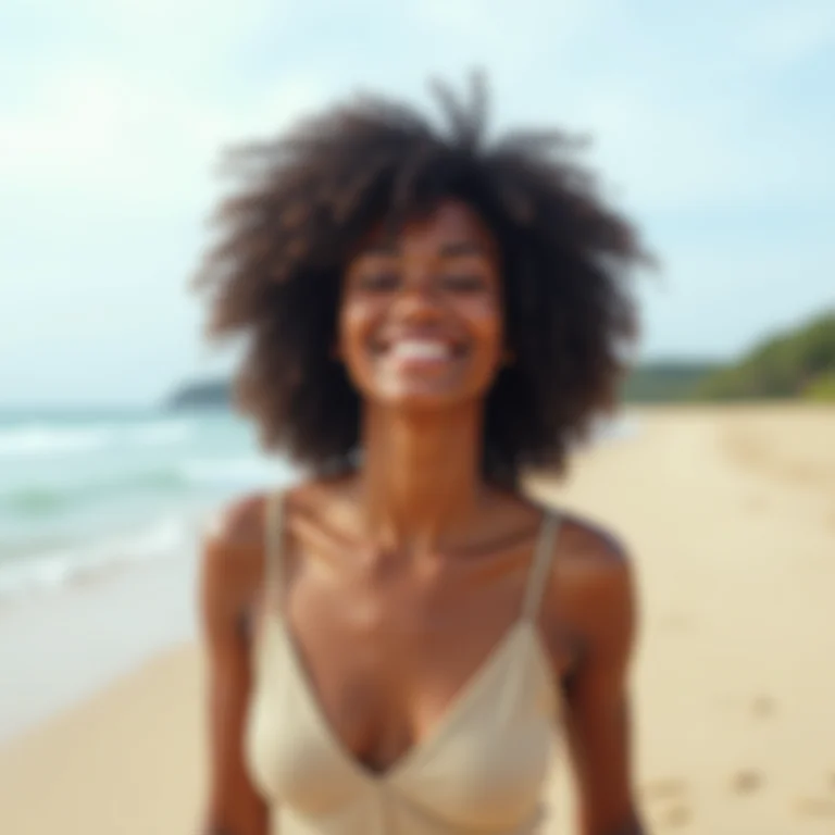Mulher negra sorrindo na praia de Guarapari