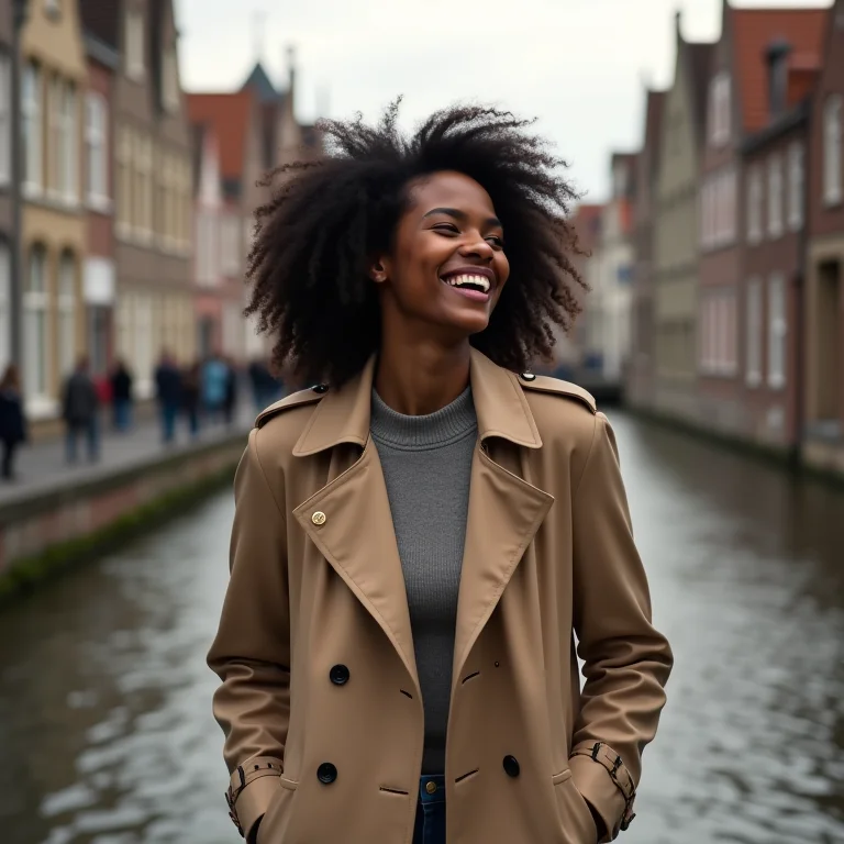 Mulher negra sorrindo perto de canal em Bruges, Bélgica