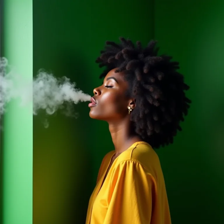 Mulher negra sorrindo perto de uma parede verde interna