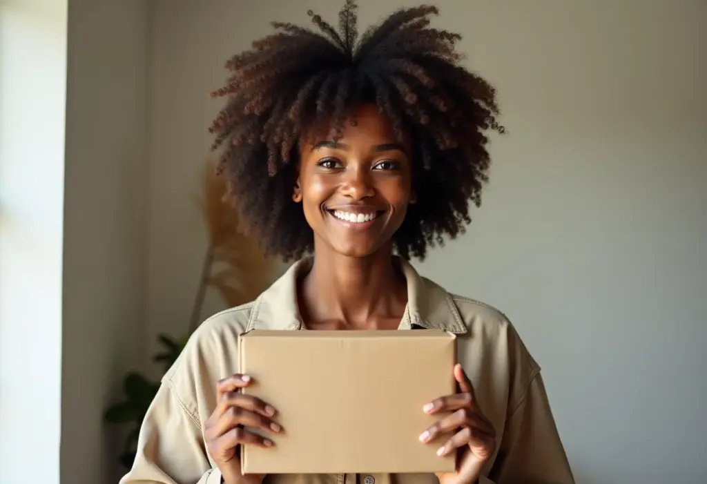 Mulher negra sorrindo segurando encomenda. Alfândega sem medo.