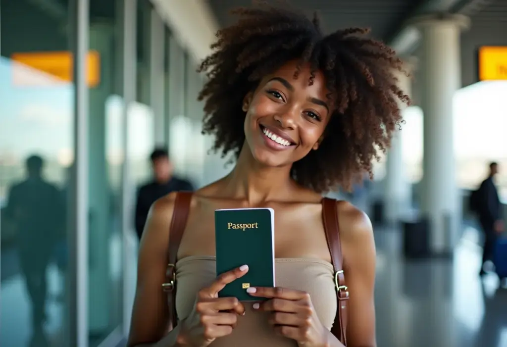 Mulher negra sorrindo segurando passaporte no aeroporto