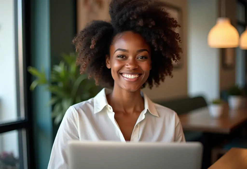 Currículo online: O passo a passo para impressionar recrutadores Mulher negra sorrindo usando notebook, representando busca de emprego online.