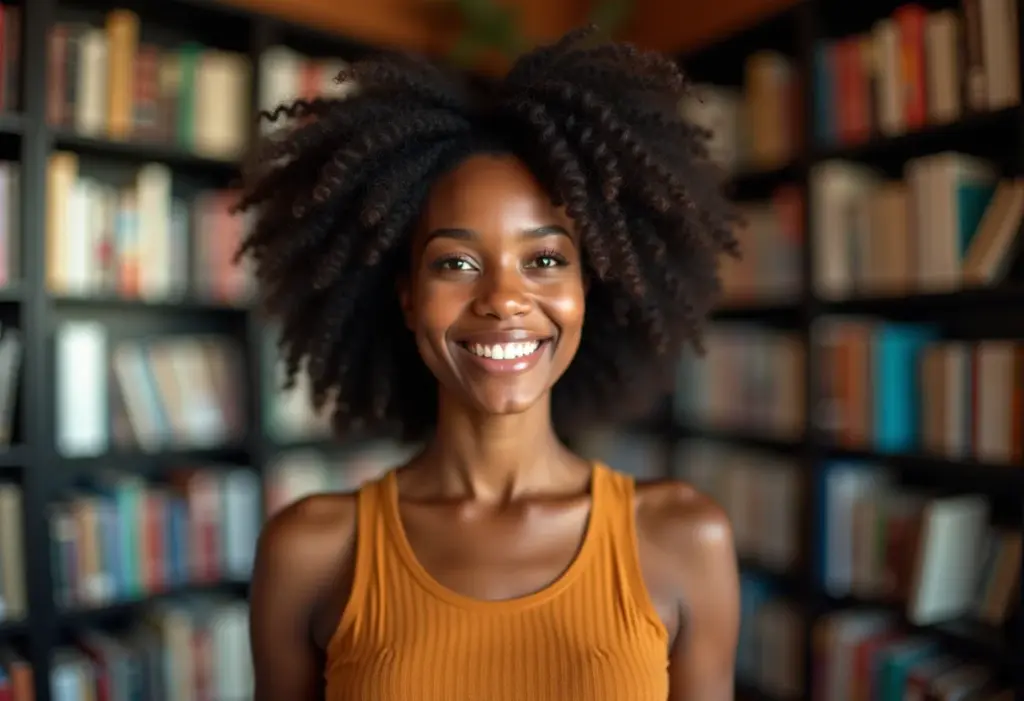 Looks para congresso acadêmico: elegância sem perder o conforto Mulher negra sorrindo, vestindo roupa confortável e elegante para congresso acadêmico