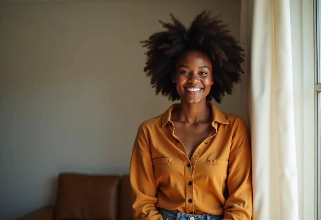 Mulher negra sorrindo, vestindo roupa confortável e estilosa